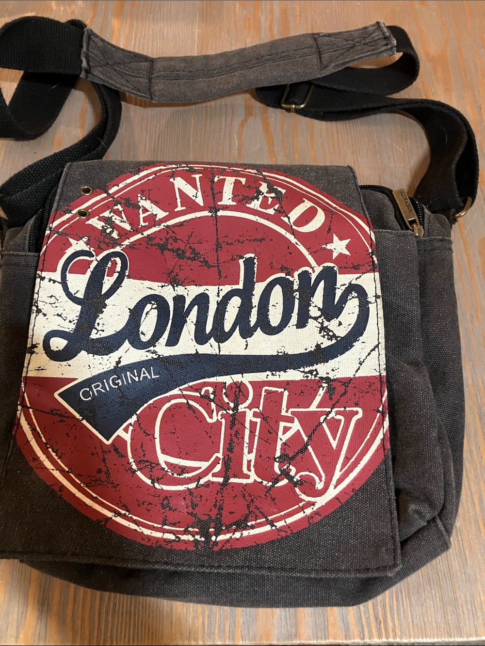Robin Ruth Black Canvas Crossbody with Red and White London Graphic